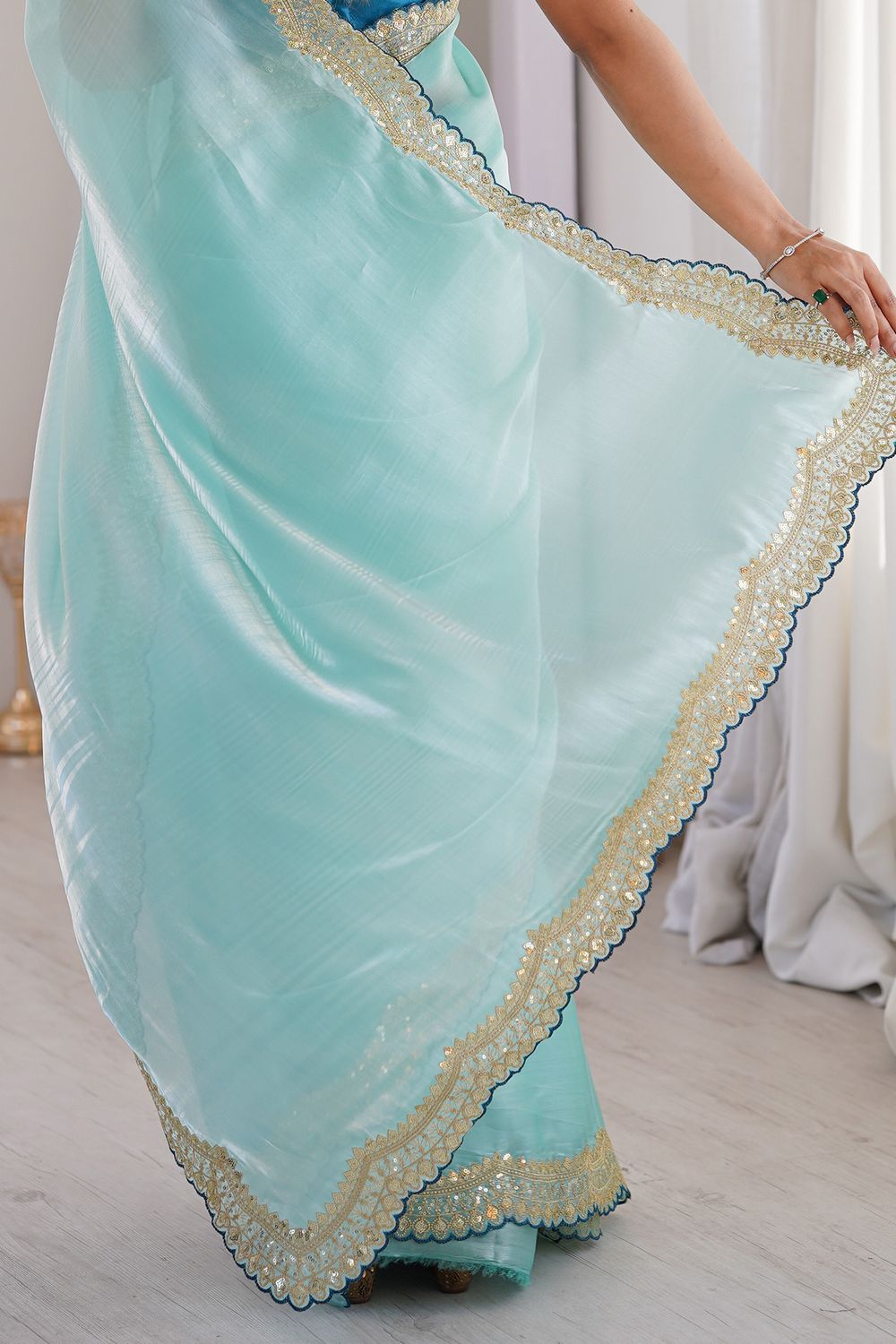 Eloise Light Blue Satin Sequins Embellished Ready To Wear Saree