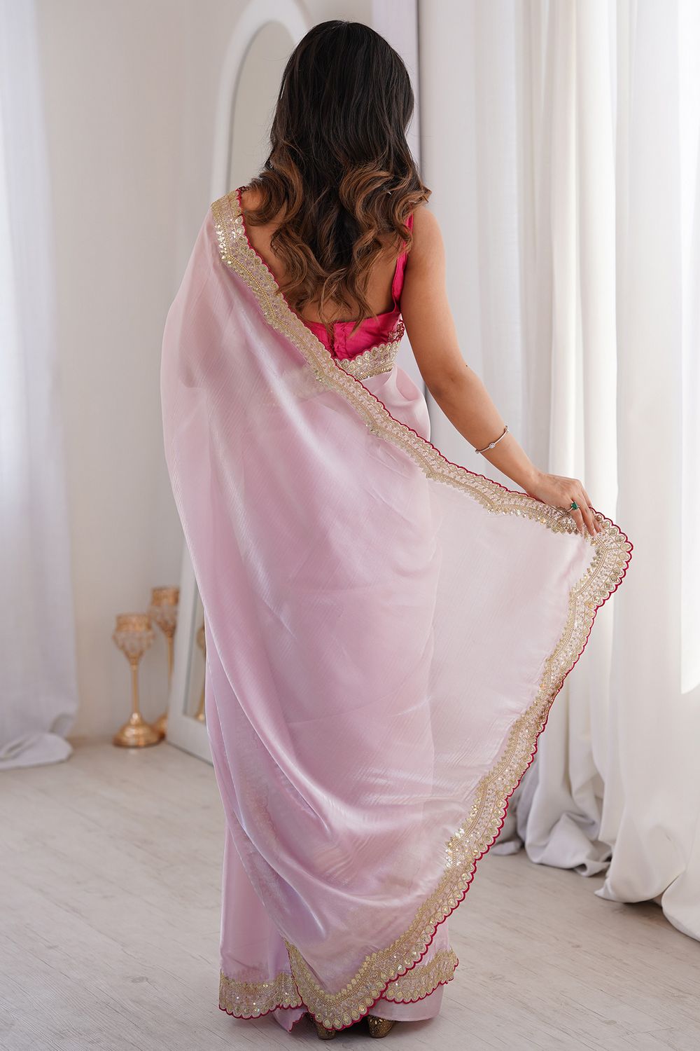 Eloise Baby Pink Satin Sequins Embellished Ready To Wear Saree