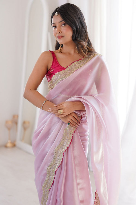 Eloise Baby Pink Satin Sequins Embellished Ready To Wear Saree