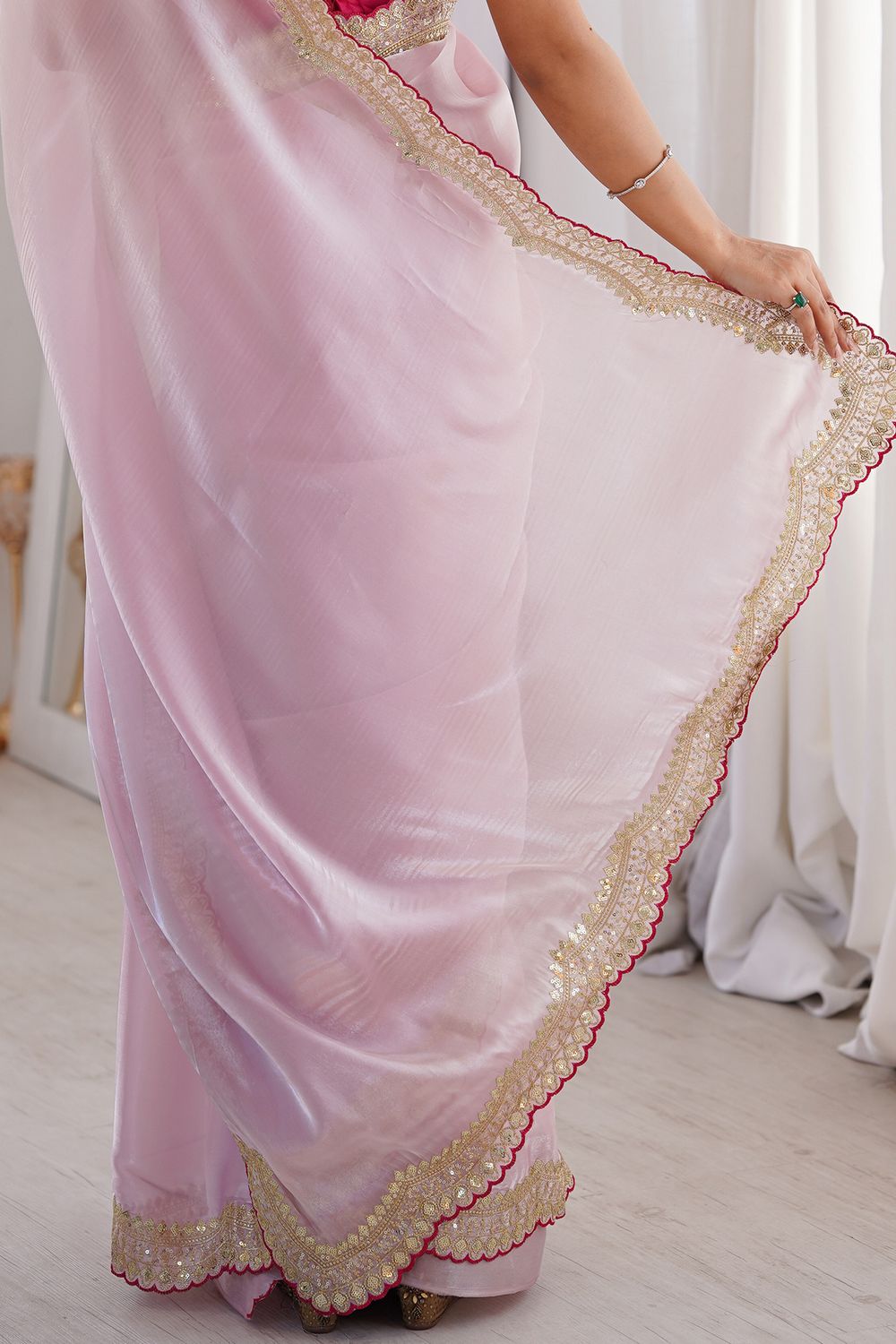 Eloise Baby Pink Satin Sequins Embellished Ready To Wear Saree