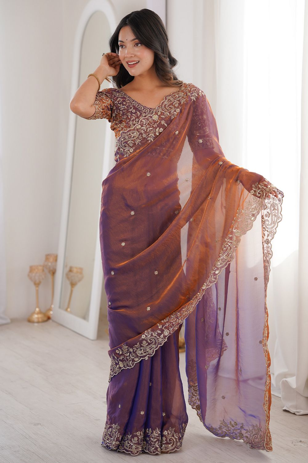 Nalani Purple &amp; Bronze Satin Sequin Embellished Ready To Wear Saree