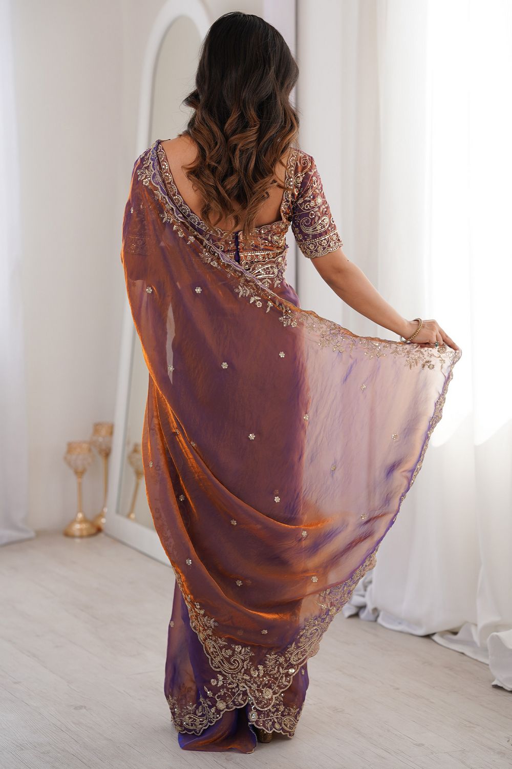 Nalani Purple &amp; Bronze Satin Sequin Embellished Ready To Wear Saree