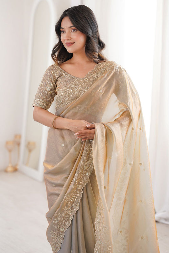 Nalani Gold Satin Sequin Embellished Ready To Wear Saree
