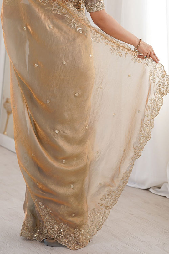 Nalani Gold Satin Sequin Embellished Ready To Wear Saree