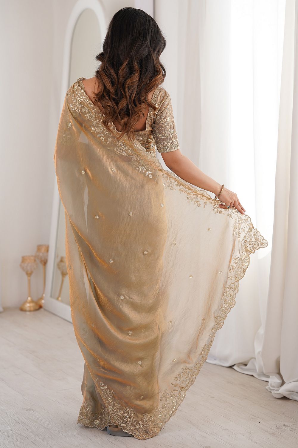 Nalani Gold Satin Sequin Embellished Ready To Wear Saree
