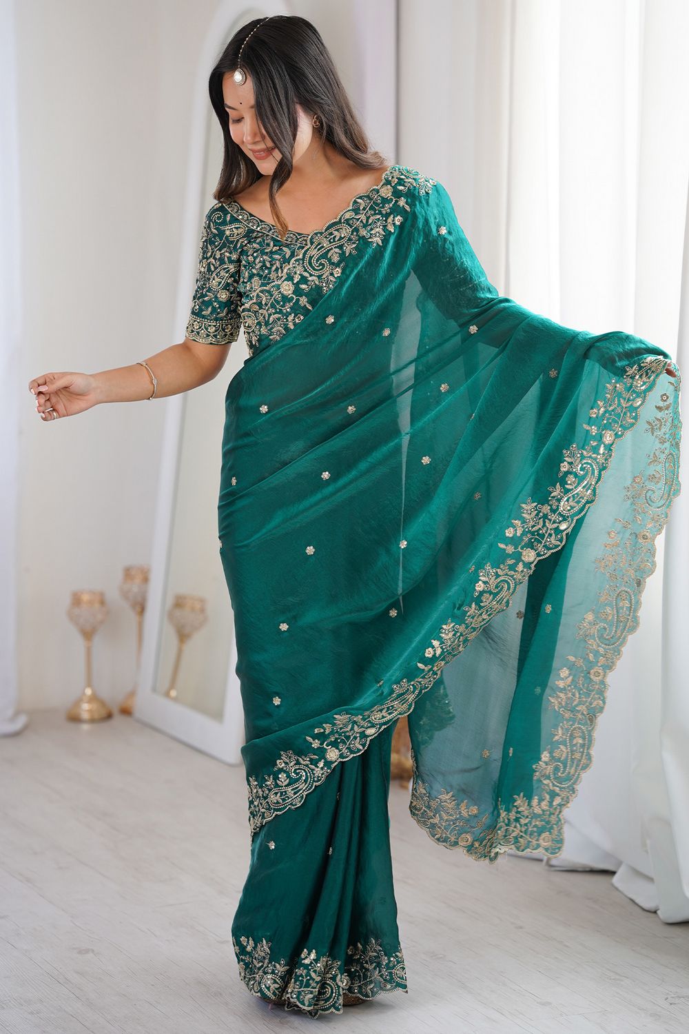 Nalani Teal Green Satin Sequin Embellished Ready To Wear Saree