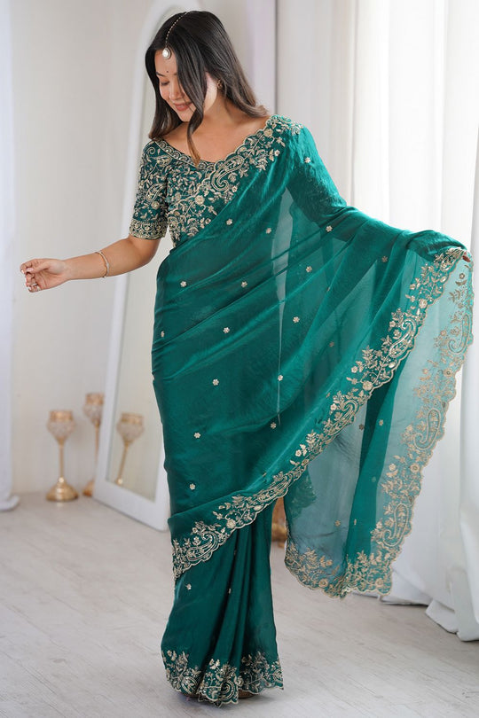 Nalani Teal Green Satin Sequin Embellished Ready To Wear Saree