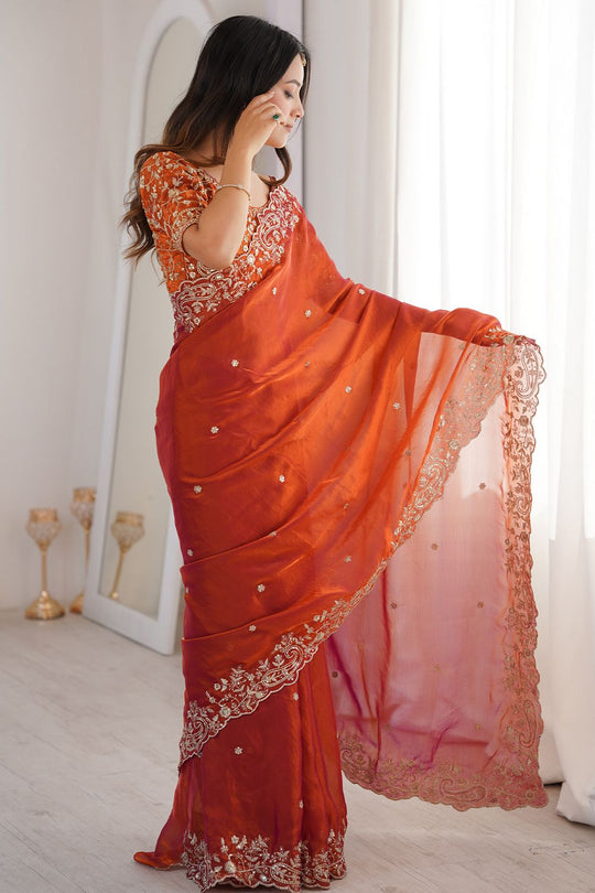 Nalani Rust Orange Satin Sequin Embellished Ready To Wear Saree
