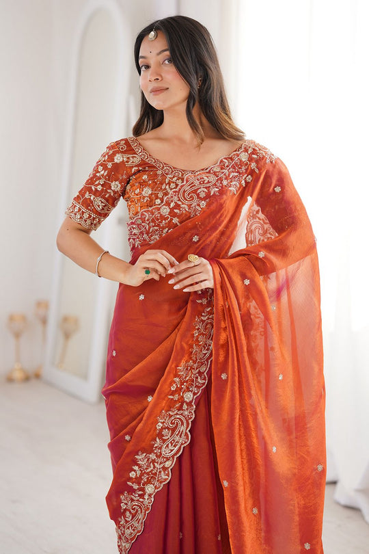 Nalani Rust Orange Satin Sequin Embellished Ready To Wear Saree