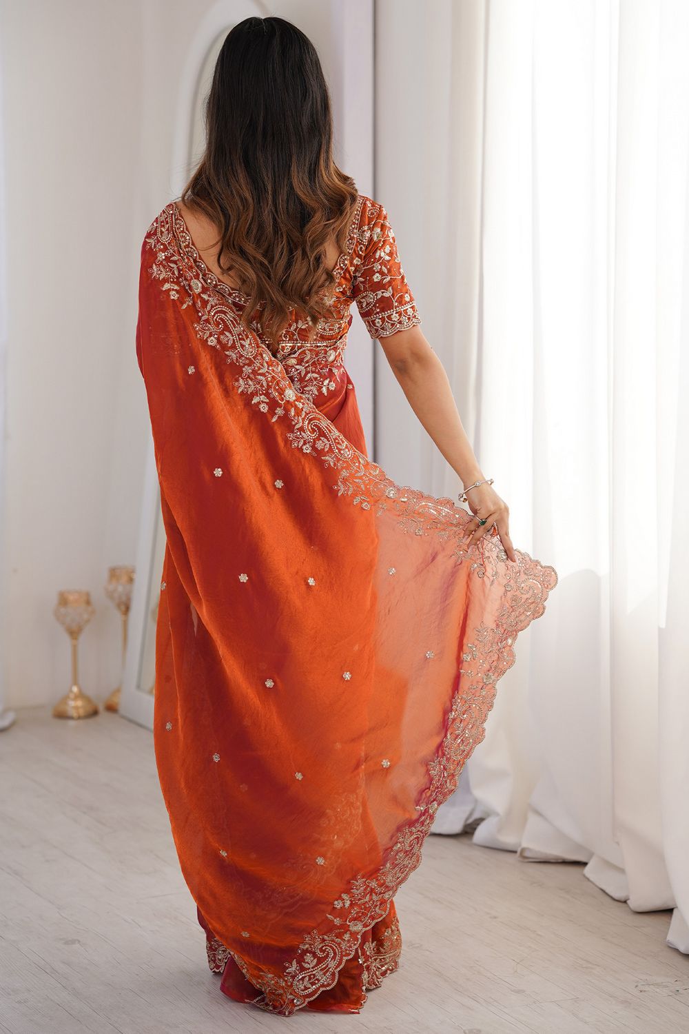 Nalani Rust Orange Satin Sequin Embellished Ready To Wear Saree