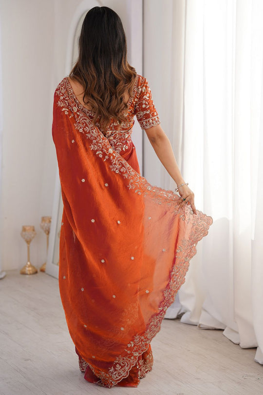Nalani Rust Orange Satin Sequin Embellished Ready To Wear Saree