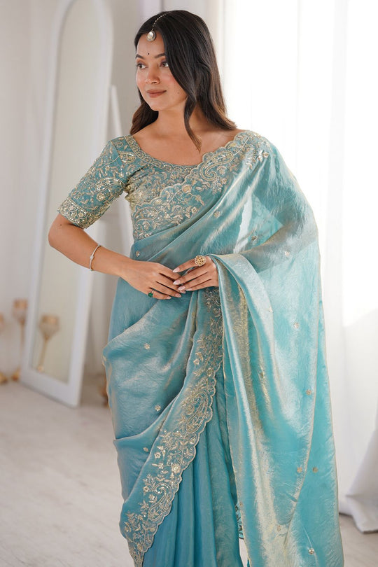Nalani Light Blue Satin Sequins Embellished Ready To Wear Saree
