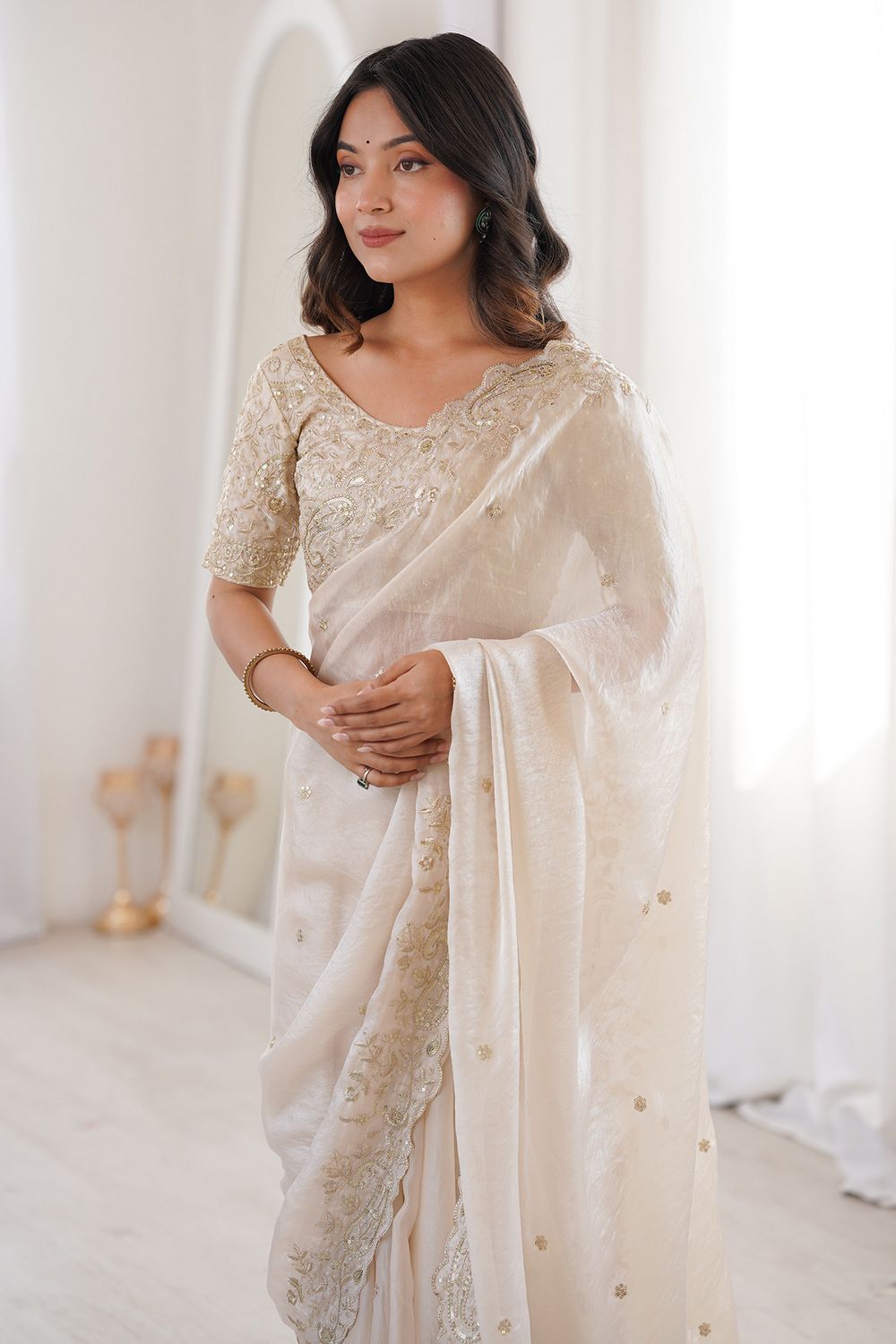 Nalani Cream Satin Sequins Embellished Ready To Wear Saree
