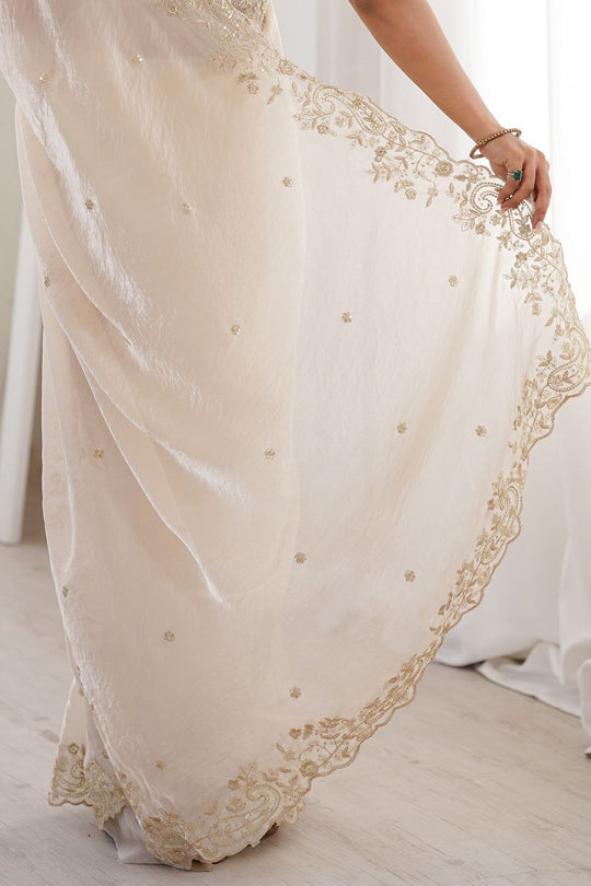 Nalani Cream Satin Sequins Embellished Ready To Wear Saree