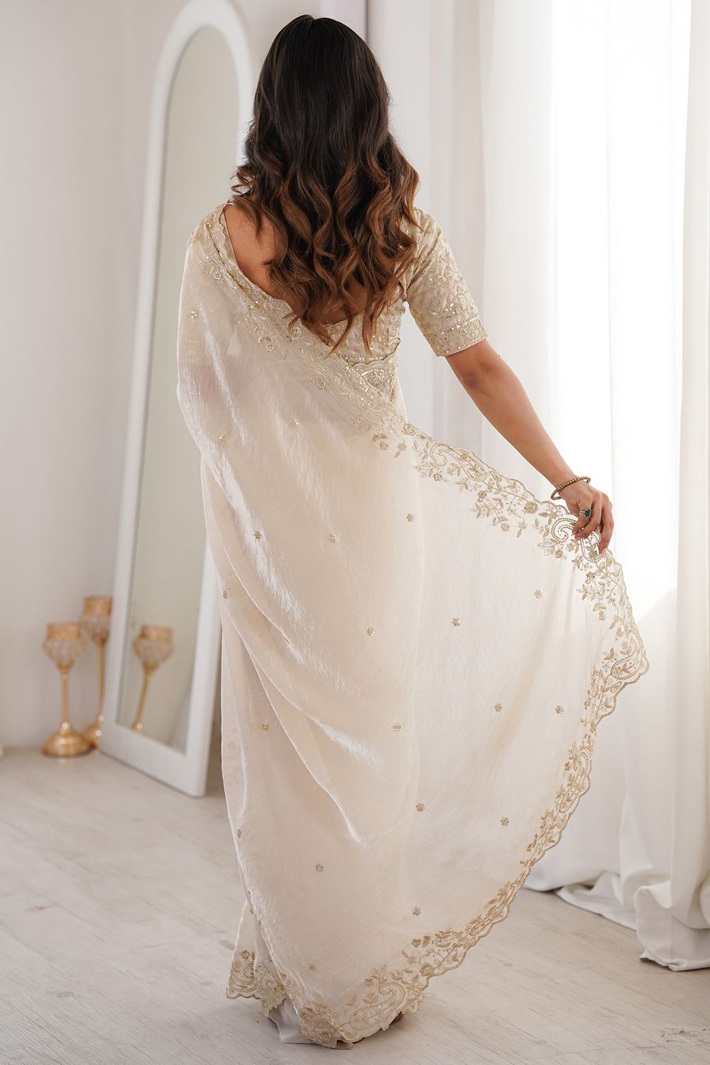 Nalani Cream Satin Sequins Embellished Ready To Wear Saree