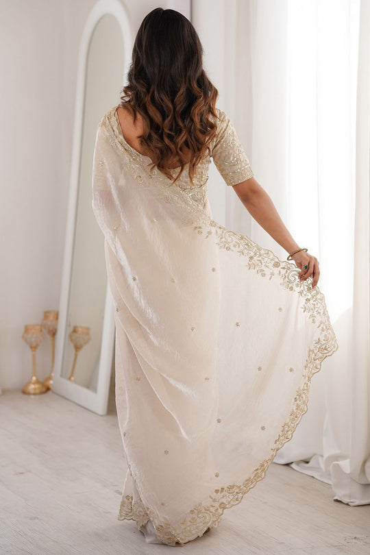 Nalani Cream Satin Sequins Embellished Ready To Wear Saree