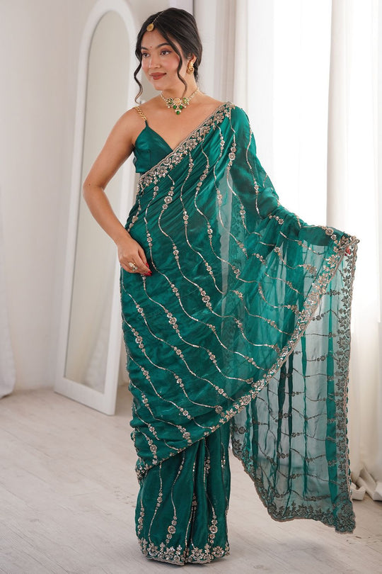 Alice Teal Green Satin Sequins Designer Ready to Wear Saree