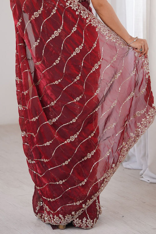 Alice Maroon Satin Sequins Designer Ready to Wear Saree