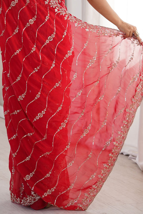 Alice Red Satin SequinsDesigner Ready to Wear Saree