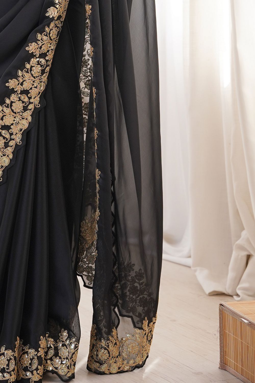 Nayna Black Satin Embellished Ready to Wear Saree