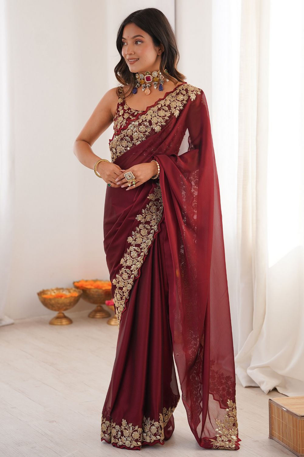 Nayna Maroon Satin Embellished Ready to Wear Saree