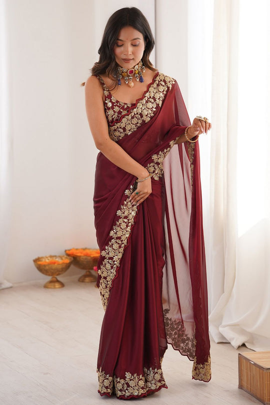 Nayna Maroon Satin Embellished Ready to Wear Saree