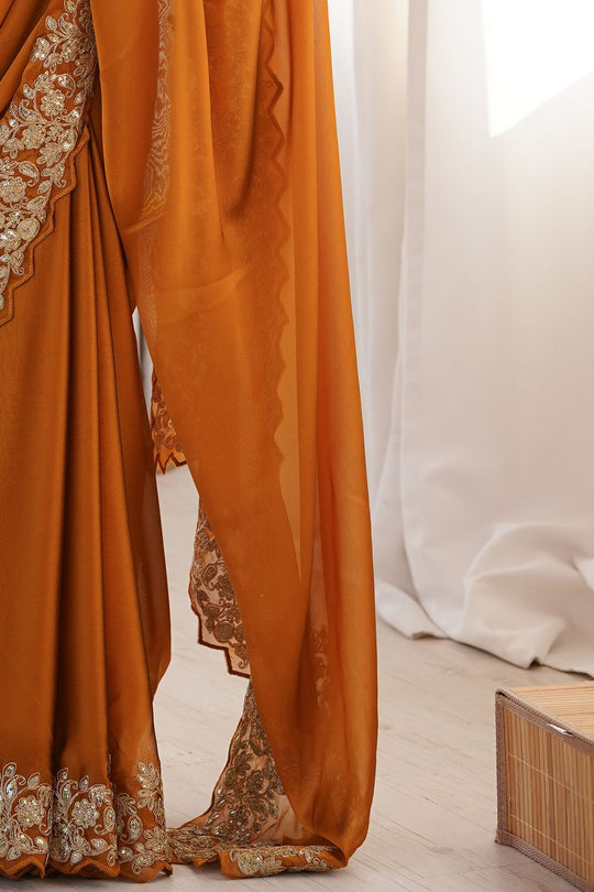 Nayna Mustard Yellow Satin Embellished Ready to Wear Saree
