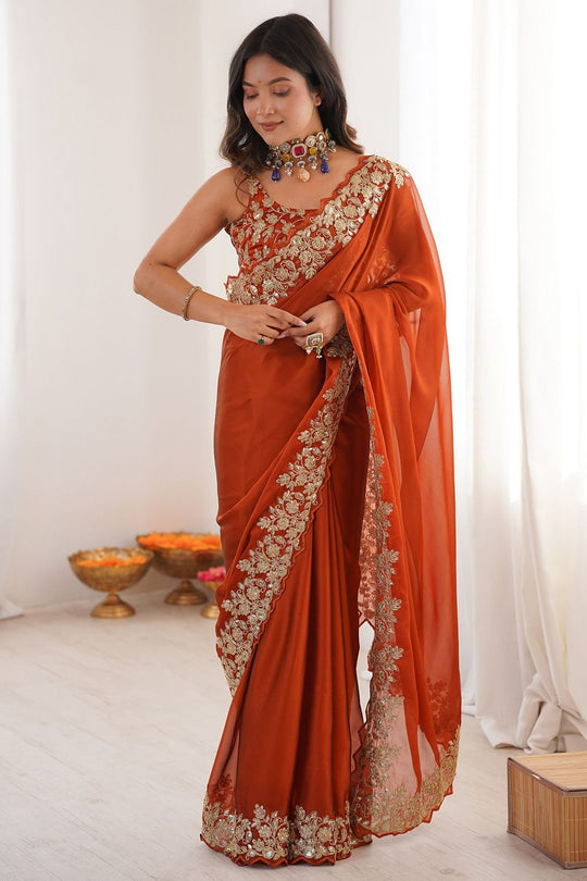 Nayna Rust Orange Satin Embellished Ready to Wear Saree