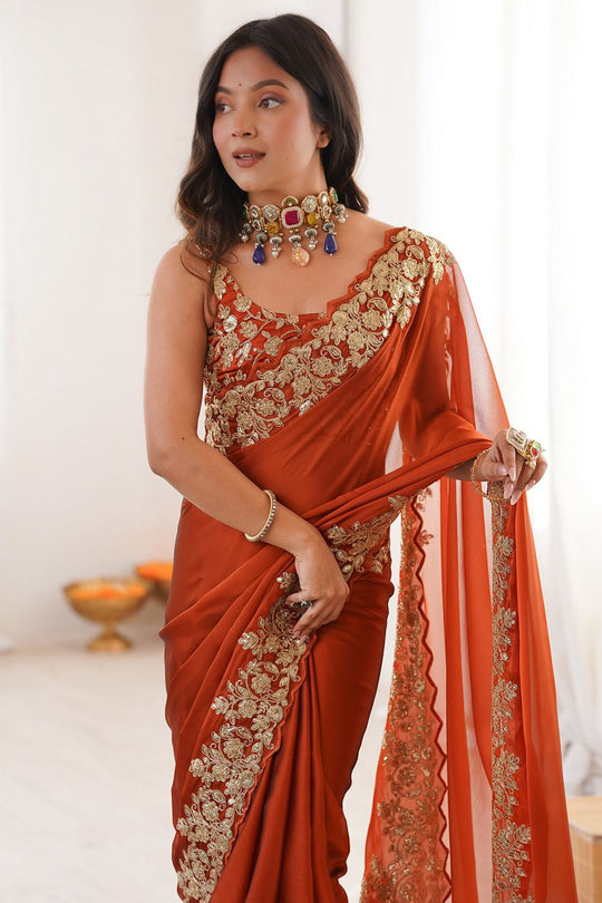 Nayna Rust Orange Satin Embellished Ready to Wear Saree