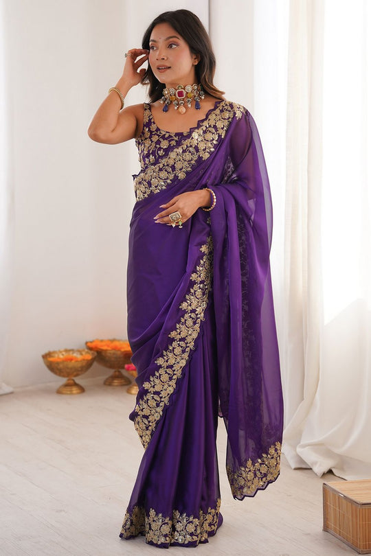 Nayna Purple Satin Embellished Ready to Wear Saree