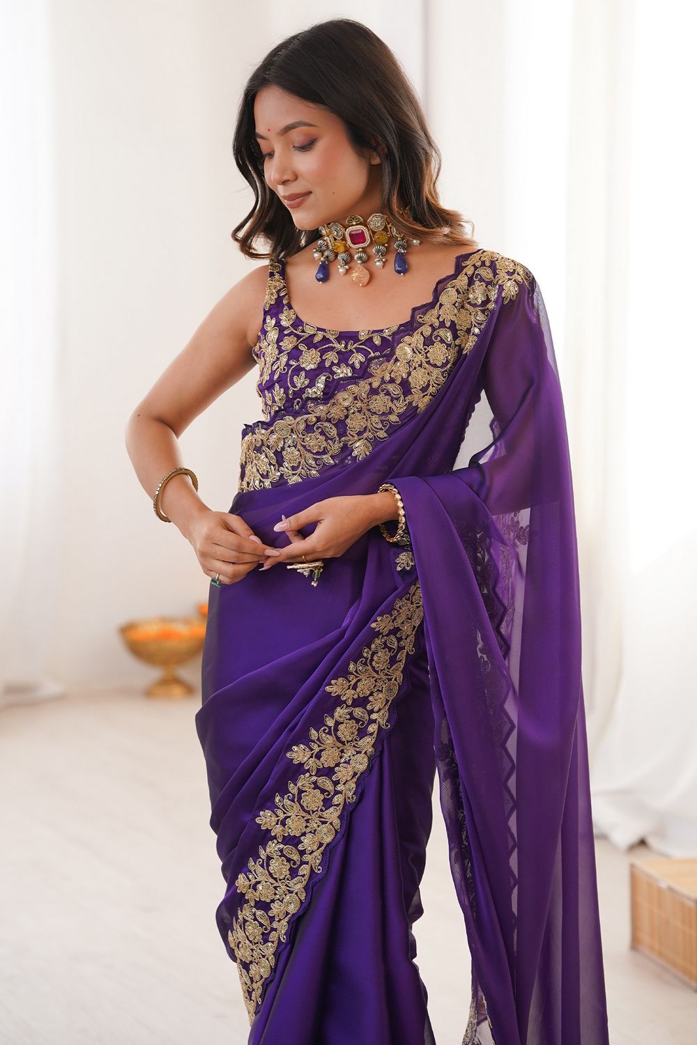 Nayna Purple Satin Embellished Ready to Wear Saree