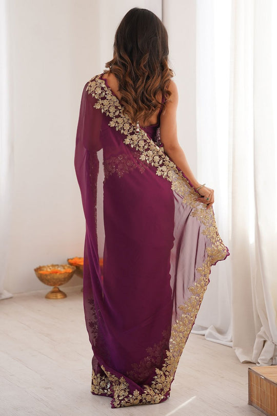 Nayna Wine Satin Embellished Ready to Wear Saree