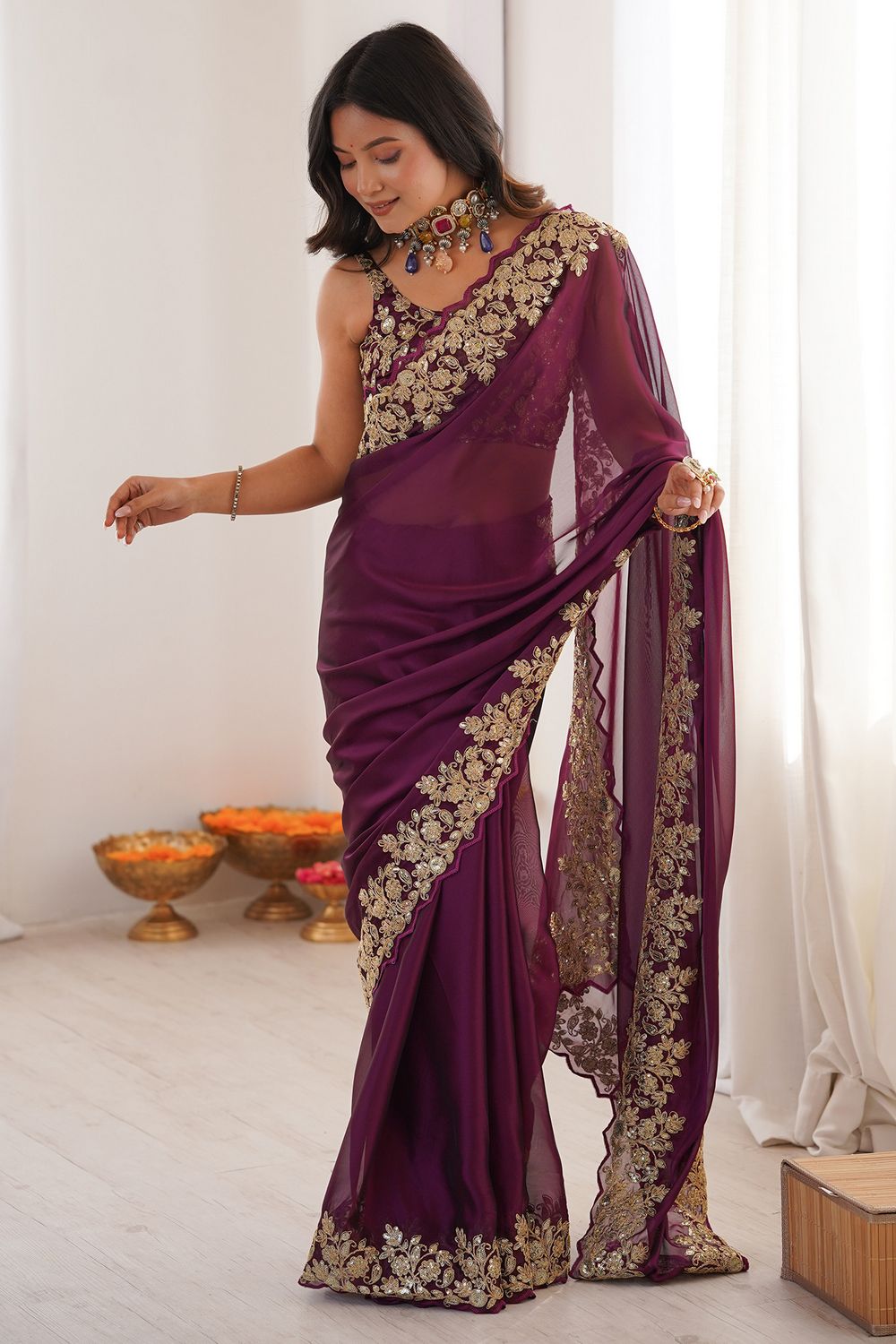 Nayna Wine Satin Embellished Ready to Wear Saree