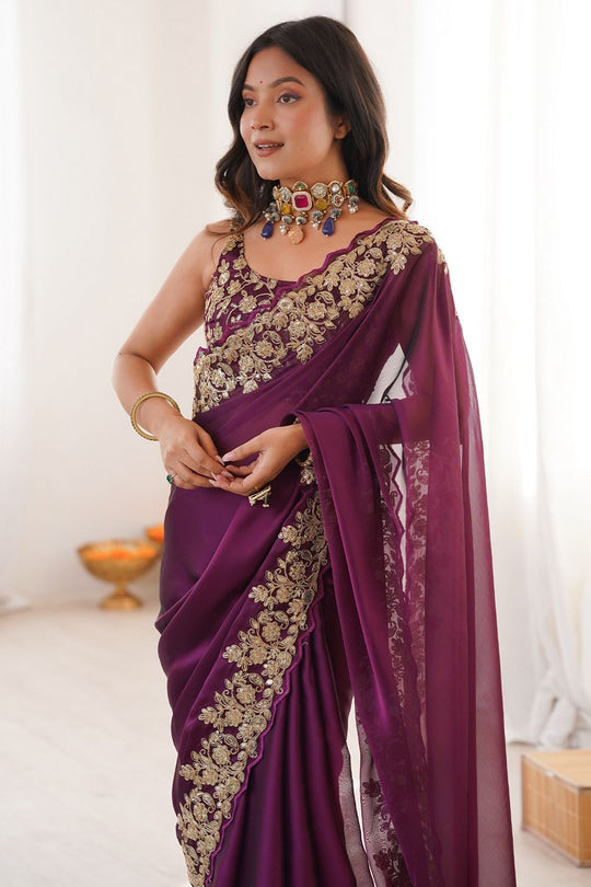Nayna Wine Satin Embellished Ready to Wear Saree