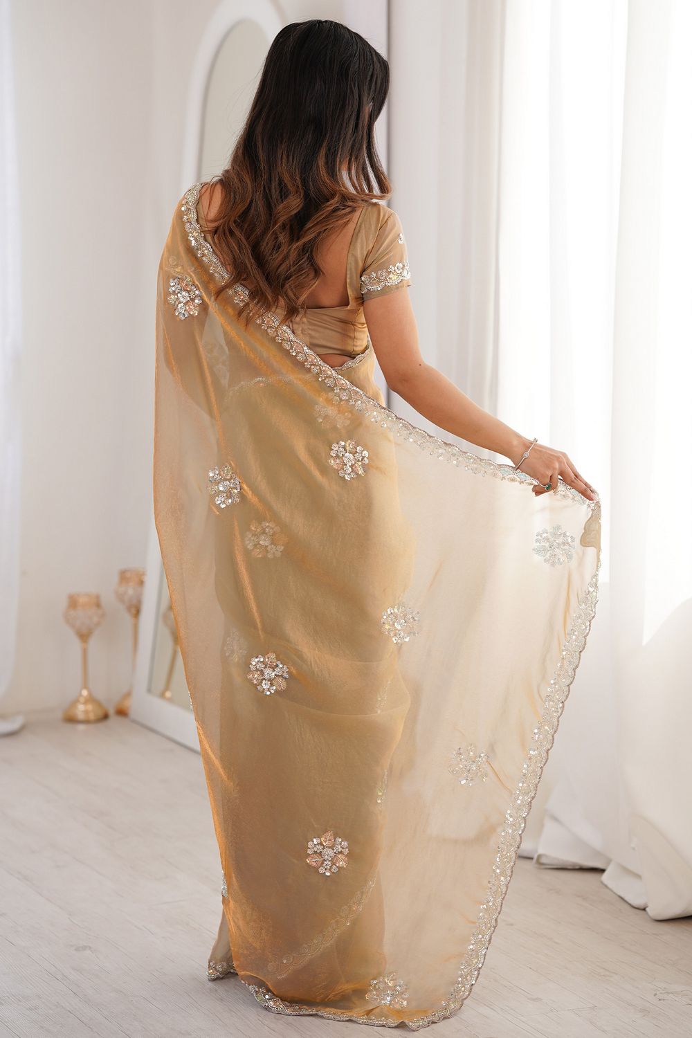 Lyric Beige Gold Satin with Sequin Floral Embroidery Pre-Stitched Saree