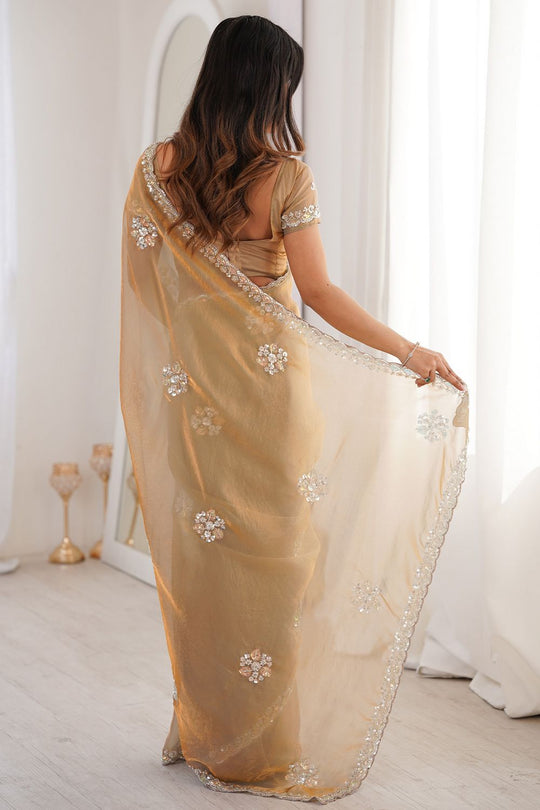 Lyric Beige Gold Satin with Sequin Floral Embroidery Pre-Stitched Saree