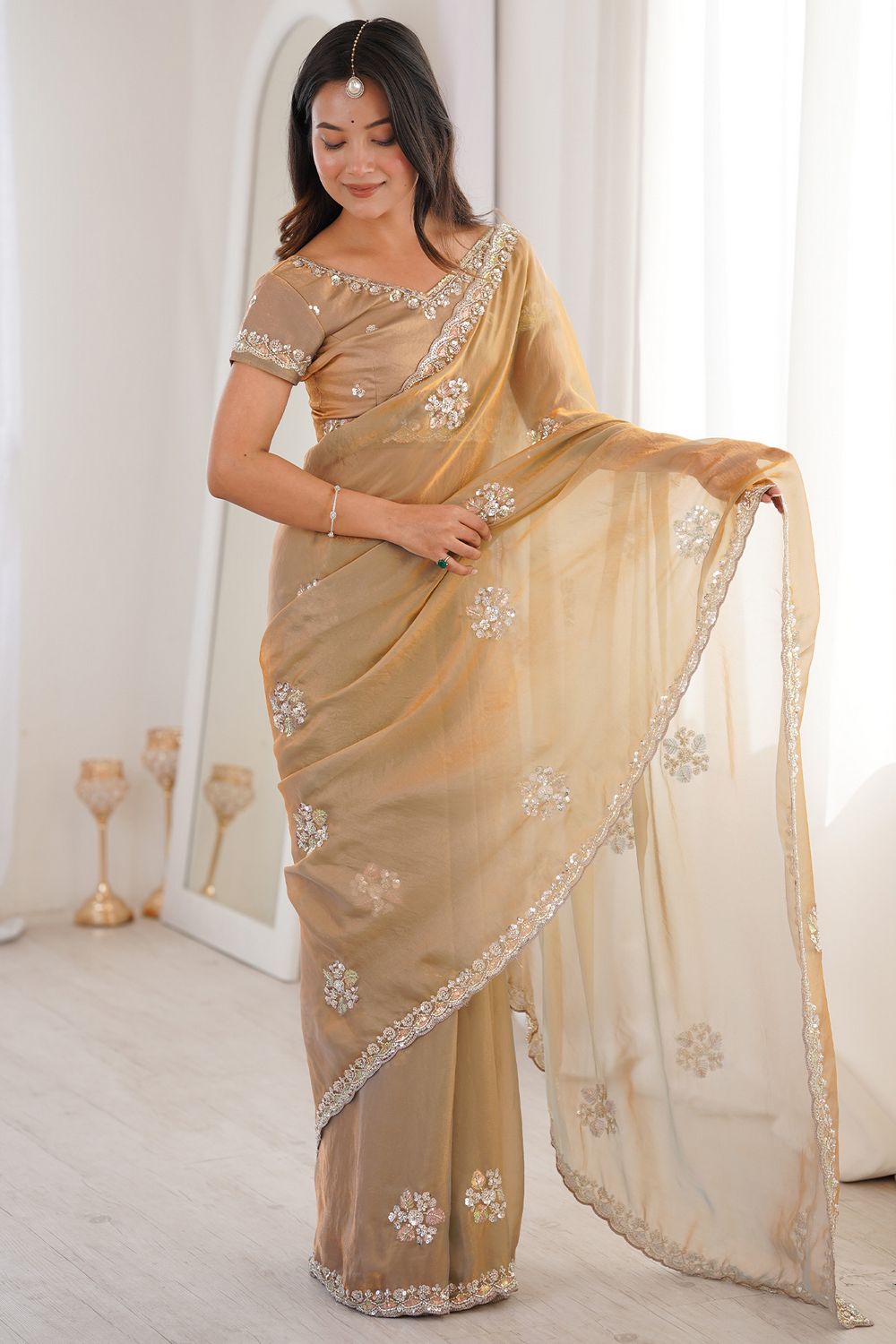 Lyric Beige Gold Satin with Sequin Floral Embroidery Pre-Stitched Saree