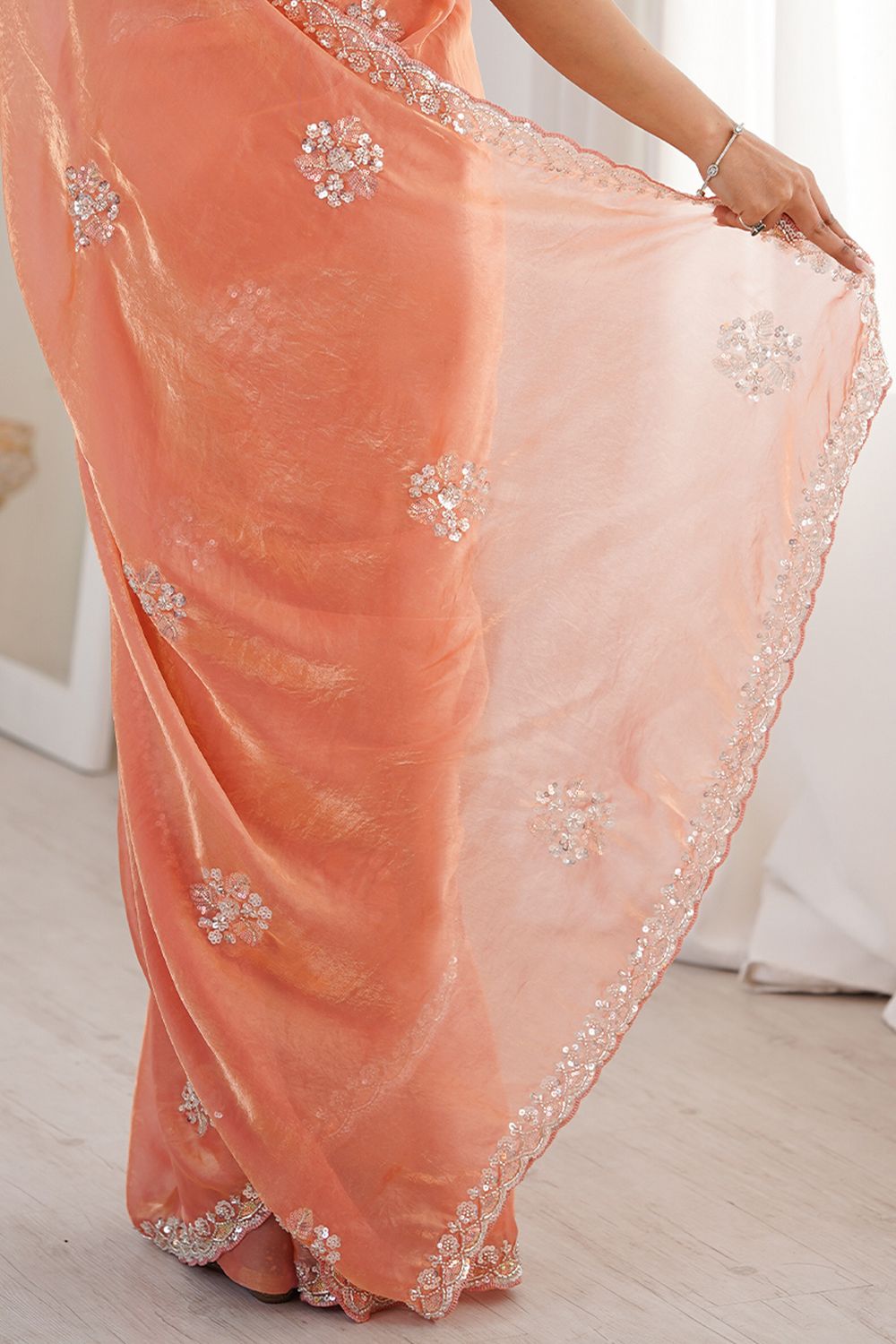 Lyric Peach Satin with Sequin Floral Embroidery Pre-Stitched Saree