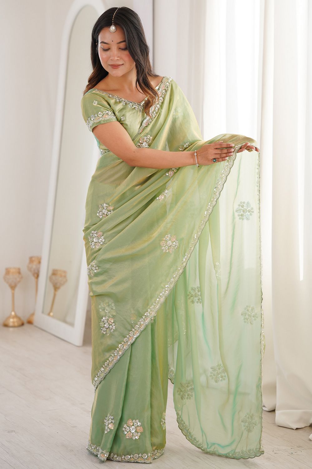 Lyric Sea Green Satin with Sequin Floral Embroidery Pre-Stitched Saree