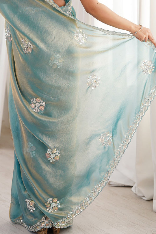 Lyric Light Blue Satin with Sequin Floral Embroidery Pre-Stitched Saree