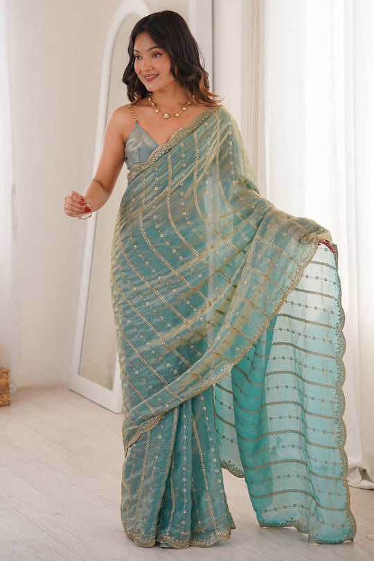 Alice Light Blue Satin Sequins Ready to Wear One Minute Saree