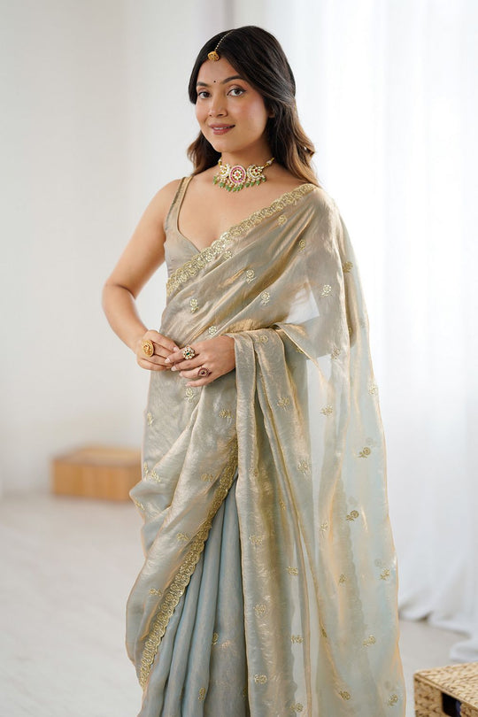 Megha Silver Gold Two Tone Satin Floral Sequin Work Ready to Wear One Minute Saree