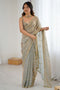 Megha Silver Gold Two Tone Satin Floral Sequin Work Ready to Wear One Minute Saree