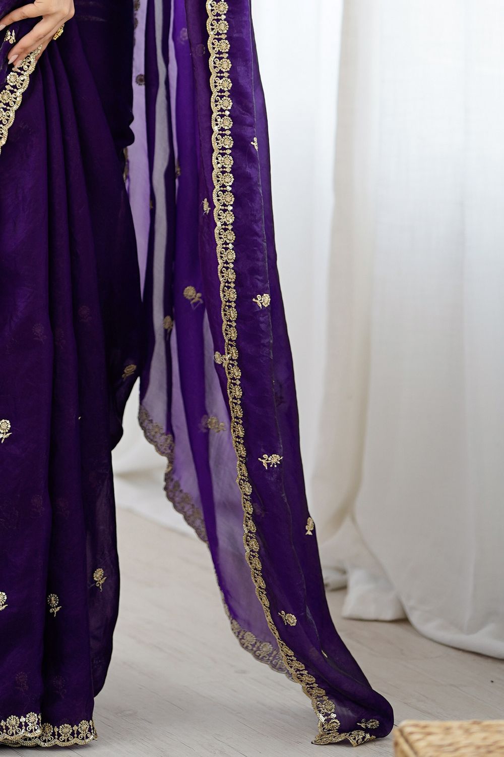 Megha Purple Satin Floral Sequin Ready to Wear Saree