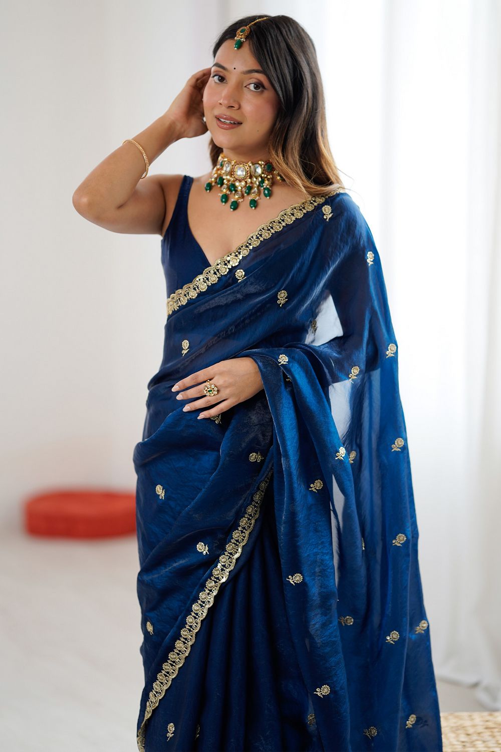 Megha Teal Blue Satin Floral Sequin Ready to Wear Saree