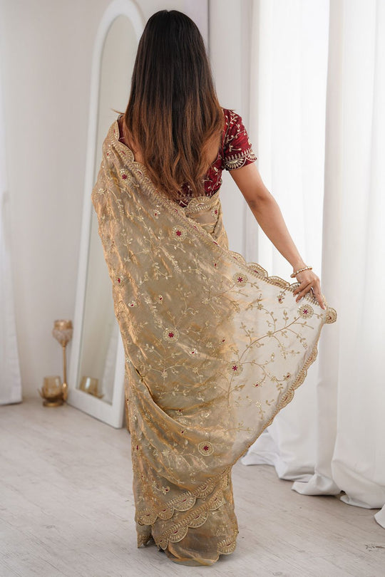 Janice Gold Satin Sequins Embellished Ready To Wear Saree