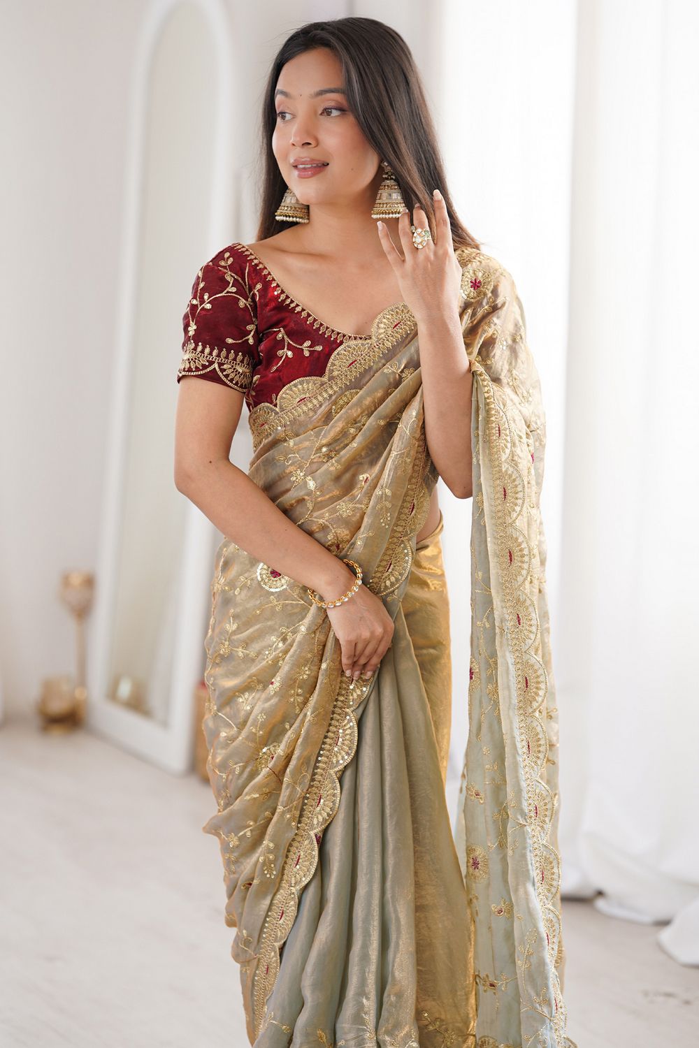 Janice Gold Satin Sequins Embellished Ready To Wear Saree