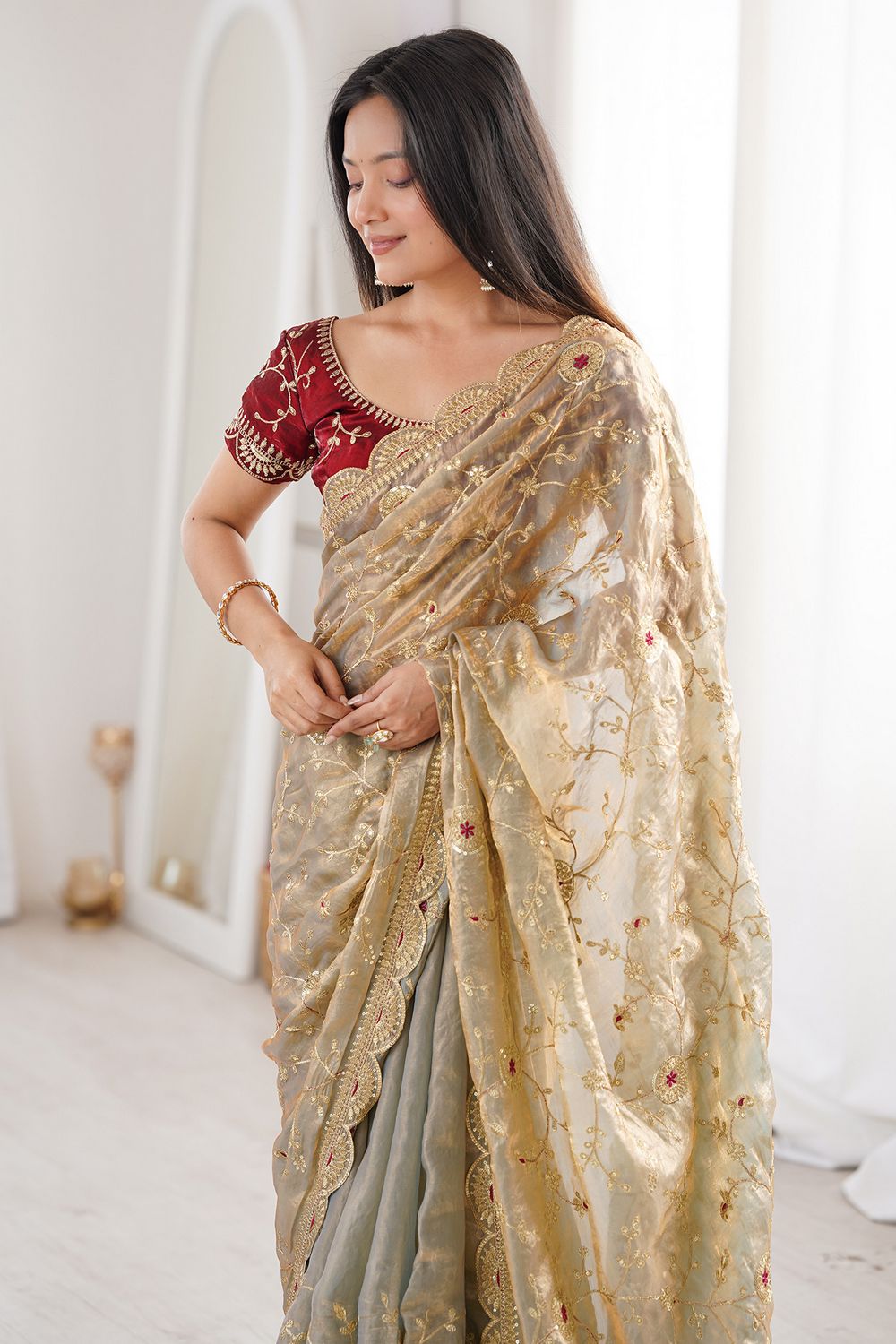 Janice Gold Satin Sequins Embellished Ready To Wear Saree