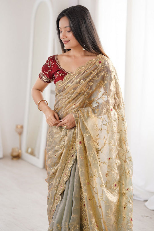 Janice Gold Satin Sequins Embellished Ready To Wear Saree