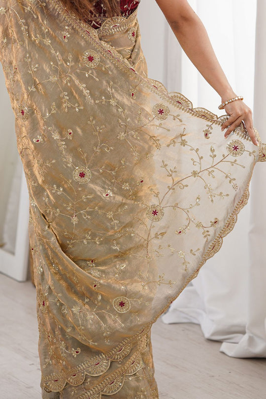 Janice Gold Satin Sequins Embellished Ready To Wear Saree